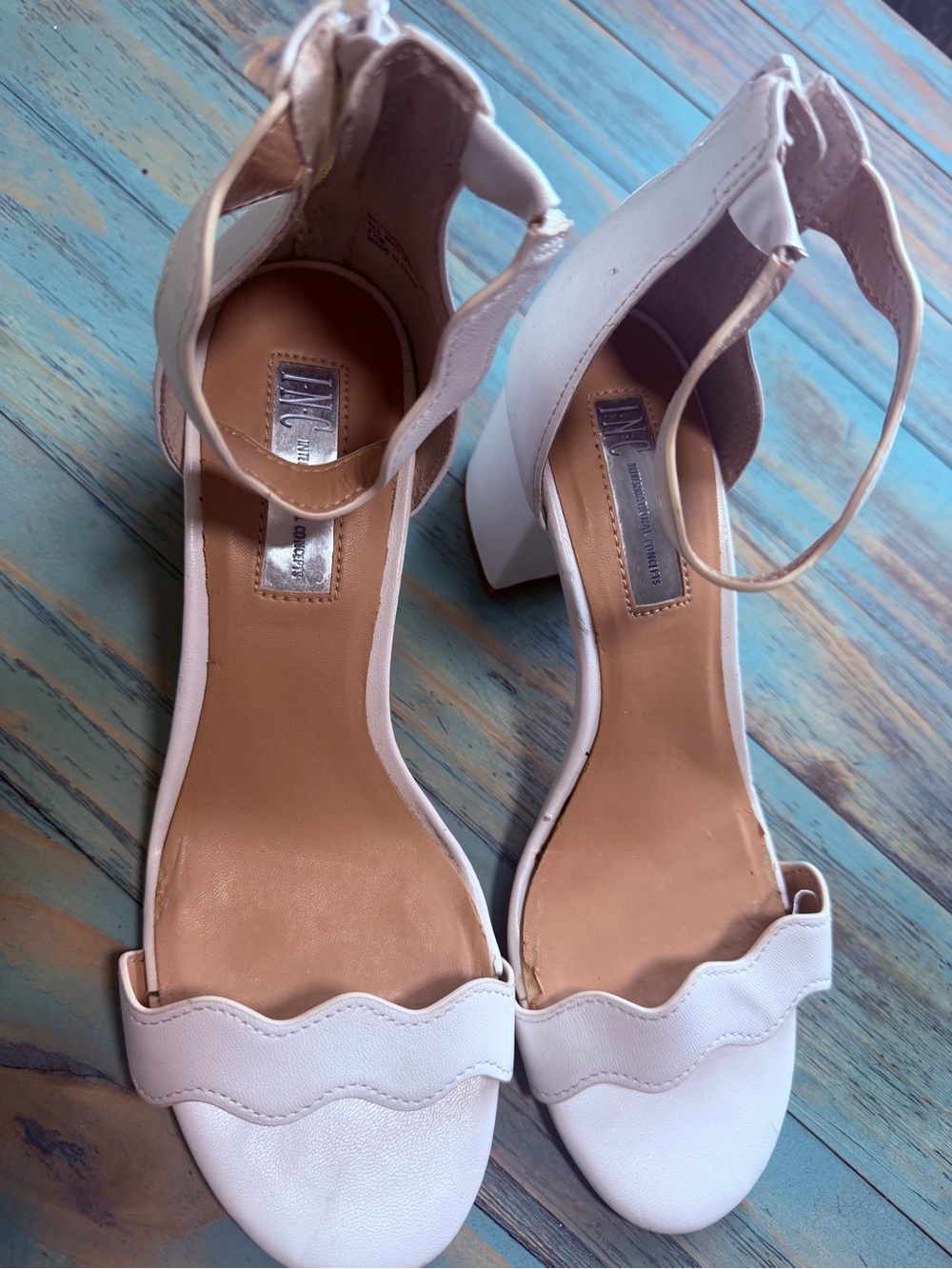INC International Concepts White Scalloped Ankle-Strap Block Heels